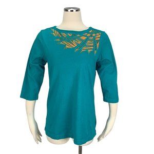 Bob Mackie Teal Top Small 3/4 Sleeve Orange Gold Geometric A202166 Wearable Art